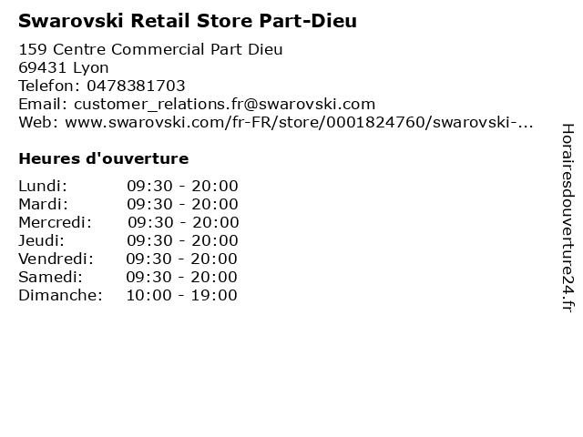 ᐅ Horaires d'ouverture „Swarovski Retail Store Part-Dieu“ | 159 ...